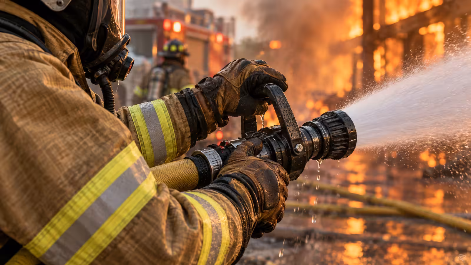 Bombero con guantes estructurales de piel controlando el pitón de una línea de ataque