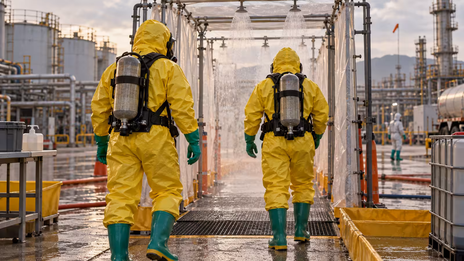 Brigadistas con trajes químicos y ERA exterior frente a un corredor de descontaminación en planta industrial