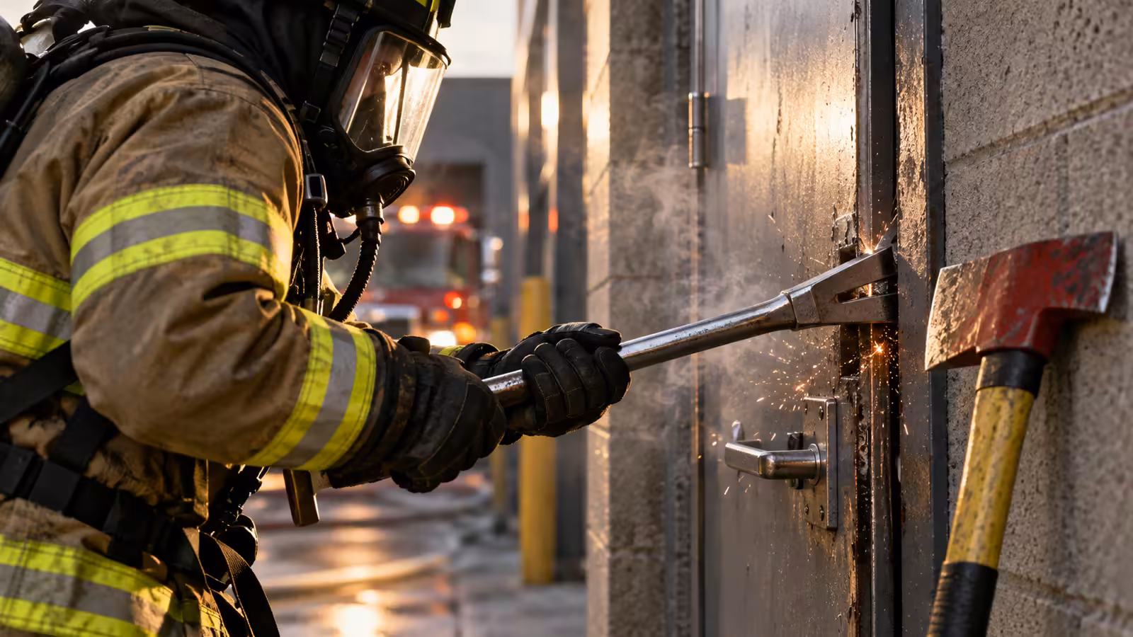 Bombero forzando una puerta metálica con barra Halligan y hacha de bombero en una entrada forzada