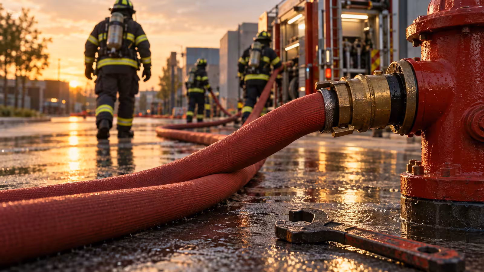 Línea de manguera contra incendio conectada a un hidrante con acople de bronce y llave para hidrante