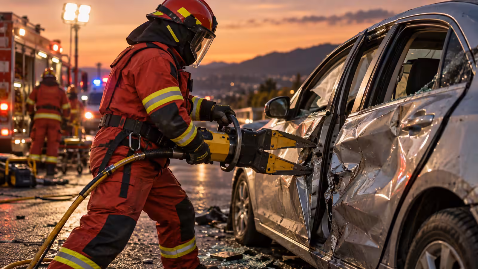 Rescatista operando una herramienta hidráulica de rescate para abrir la puerta de un vehículo accidentado